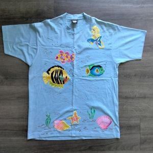 Screen Stars Vintage Tropical Fish Single Stitch Blue Tshirt Size XL Made In USA